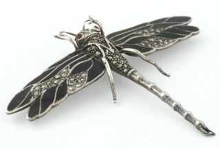 1910s - LARGE ART NOUVEAU STERLING SILVER CHAMPLEVE ENAMEL DRAGONFLY PIN BROOCH 2