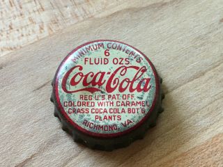 Vintage 1930s Coca - Cola Crown Cap / Bottle Cap,  Cork Coke,  Richmond,  Va