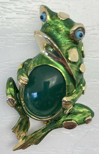 Rare Vintage Signed Hattie Carnegie Green Enamel Frog Jelly Belly Brooch Pin