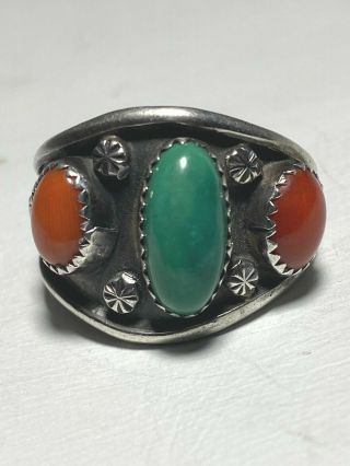 Turquoise Ring Coral Band Southwest Sterling Silver Women Men Size 12.  25