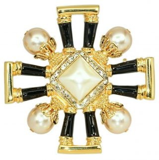 Vintage St John Maltese Cross Brooch Faux Pearl,  Black Enamel,  & Gold Tone