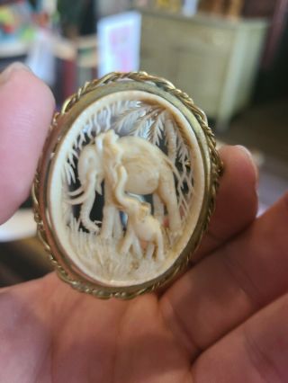 Vintage Cameo Pin Brooch Pendant 14k Yellow Gold Hand Carved Shell 1 1/2 " Long