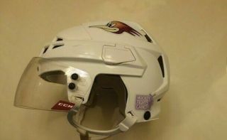 (ahl) Tucson Roadrunners Game - Worn 37 Dysin Mayo Ccm Helmet (hfc Decal) 2019 - 20