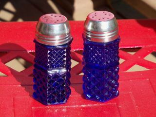 Vintage Cobalt Blue Glass Diamond Pattern Salt And Pepper Shakers