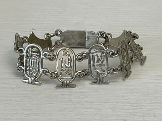Vintage 800 Silver Egyptian Revival Hieroglyphs Lotus Beetle Link Bracelet 7 "