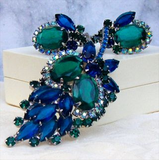 Verified D&e Juliana 3 " Blue Green Rhinestones,  Green Stones Brooch Pin Earrings