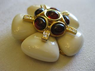 Joan Rivers Flower Pin Brooch w/ Cream Petals,  Red Glass Cabs / Hard to Find 2