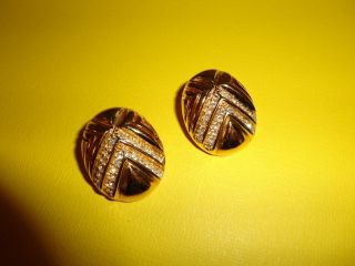 Vintage Christian Dior Art Deco Shiny Gold Tone Rhinestone Clip On Earrings