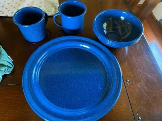 Enamel Ware Blue White Speckled Metal Camping Dishes - 2 Mugs 4 Plates 4 Bowls