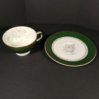 Vintage Teacup And Saucer Green Gold Floral Marked M