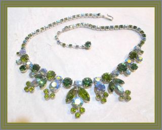 Sherman Olive Green & Lavender Ab - Leaf Cluster & Pistil Motif Necklace Nr