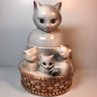 Mother Cat With 3 Kittens In A Basket Ceramic Cookie Jar