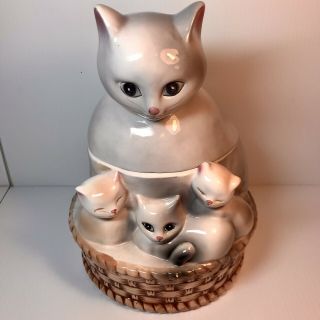 Mother Cat with 3 Kittens in a Basket Ceramic Cookie Jar 2