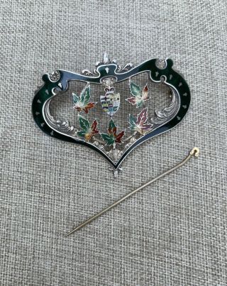 Antique Enamel Victorian Sterling Silver Brooch With Maple Leaves And Shield
