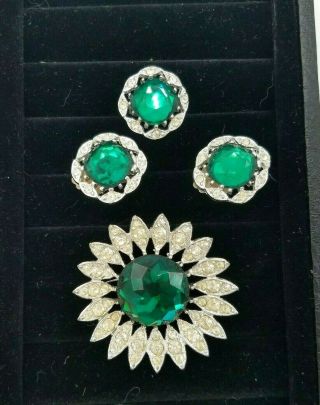 Vintage Sarah Coventry Kathleen Brooch Ring Clip Earrings Green & Clear Signed