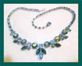 Sherman Sky Blue & Emerald Ab - Graduated Marquise Leaf Cluster Motif Necklace Nr