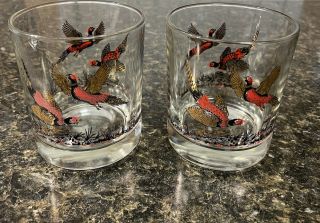Set Of 2 Vintage Pheasant Low Ball Drinking Bar Glasses