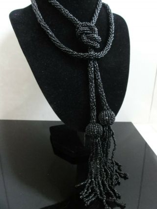 Antique Art Deco Black Sautoir Micro Czech Glass Beaded Tassel Flapper Necklace