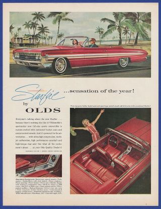 Vintage 1961 Oldsmobile Starfire 2 Door Convertible Automobile Car Print Ad 60 