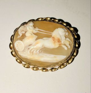 Estate Pin Carved Shell Cameo Brooch Lions Chariot Angel? A God?