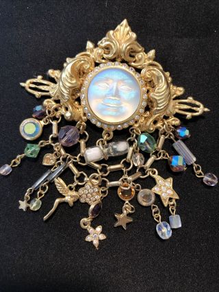 Kirks Folly Gold Tone Moon Face Pin Brooch W/ Dangling Baubles / Stones