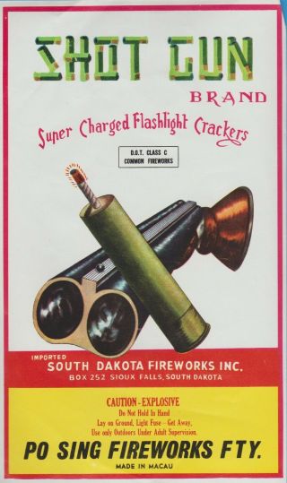 South Dakota Shot Gun Brand Firecracker Brick Label Fireworks Sioux Fall,  Sd
