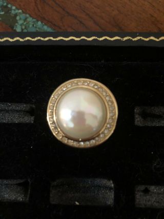 Signed Christian Dior Faux Mabe Pearl And Crystal Adjustable Gold Color Ring