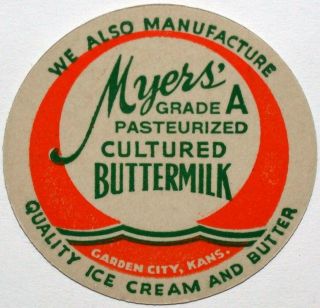 Vintage Milk Bottle Cap Myers Buttermilk Garden City Kansas Old Stock