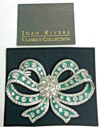 Joan Rivers Glorious Green Enamel & Rhinestone Ribbon Bow Brooch Pin