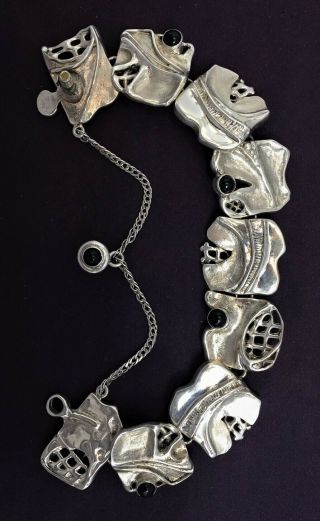 Cast 925 Sterling Silver Bracelet W/onyx 7 - 1/4 X 7/8 Inches 67 Gm