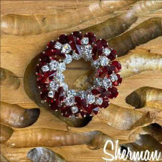 Sherman Reverse Set Open Backed Wreath Brooch Siam/crystal.  Rare.