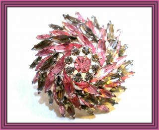 Sherman Hot Pink & Charcoal - 2 " Marquise Crystal Floral Capped " Titty " Brooch