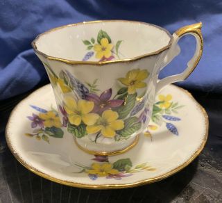 Elizabethan Fine Bone China - Tea Cup And Saucer Purple & Yellow Flowers England