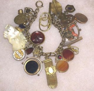 Victorian Watch Fob & Gold Filled Charm Bracelet W/ Pga Hole In One Charm 89,  Gms