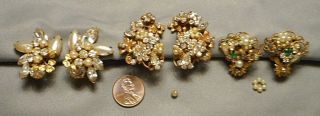 3 Pairs Of 1950s Miriam Haskell Robert Filigree Rhinestone Pearl Earrings