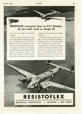 1944 Resistoflex Instrument Lines Wwii Vega Ventura Pv - 1 Bomber Vintage Print Ad