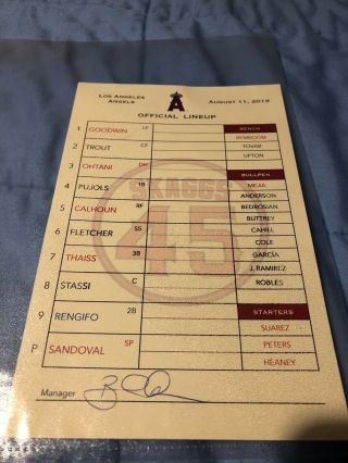 Anaheim Angels Game Manager’s Lineup Card Ohtani 3 Hits Trout