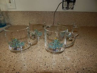 Vintage Set Of 4 Luminarc Christmas Tree Mugs Coffee Cups Clear Glass Handle
