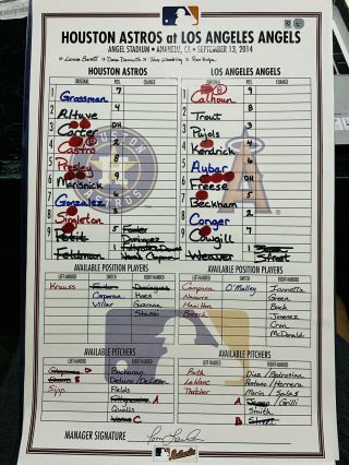 Houston Astros @ Los Angeles Angels Game Lineup Card Altuve Trout Pujols