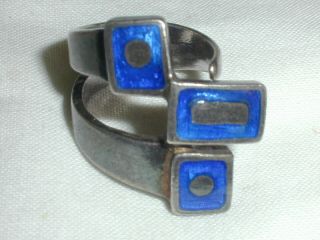 Gorgeous Modernist Italian Sterling Silver Blue Enamel Ring - Size 8 - Adjustable
