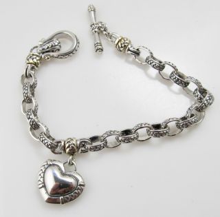 Estate Fancy Link Heart Charm Toggle Clasp Bracelet Sterling Silver