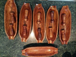 Vintage (set Of 5) Wood Tray Corn On The Cob Holders Made In The Philippines