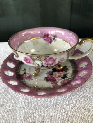 Queen Anne Footed Teacup And Saucer Vintage Pink & Red Roses English China