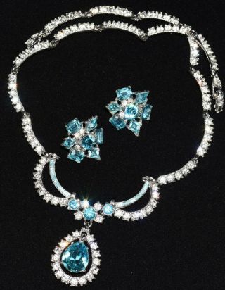 Bogoff Delightful Aqua And Clear Rhinestone Shimmering Necklace & Earring Set