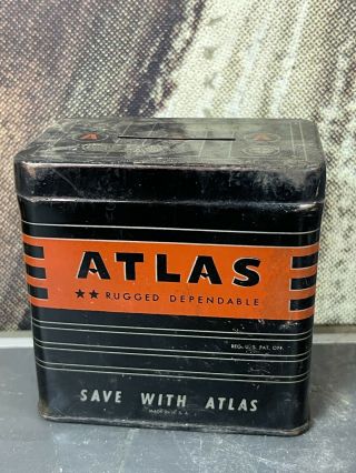 Vtg 50s 60s Atlas Battery Tin Coin Bank Gas Oil Service Station See All