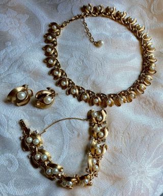 Vintage Crown Trifari Parure,  Faux Pearls & Clear Rhinestones,  Gold Tone Metal