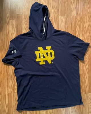 Notre Dame Football Team Issued Under Armour Hooded Sweatshirt Blue 3xl