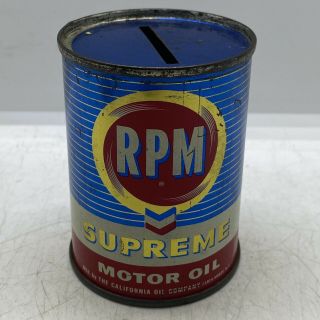 Old Garage Gas & Oil Vintage Rpm Supreme Motor Oil ￼advertising Tin Can Bank