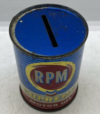 Old Garage Gas & Oil Vintage RPM Supreme Motor Oil ￼Advertising Tin Can Bank 2