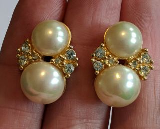 Vintage Christian Dior Goldtone Pearl Rhinestone Earrings